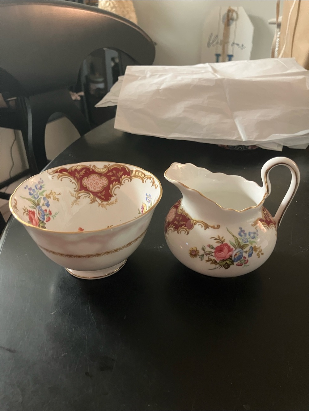 Windsor White and Red Floral Porcelain Creamer and Sugar Bowl Set